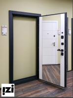 Входная дверь OIKO ACOUSTIC Art Black/Wood/Reflex Софт белый зеркало