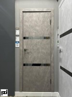 Двери Порта-55 4AF Цвет-Grey Art (Бетон Серый) Алюминиевая кромка с 4-х сторон!! стекло: Mirox Grey (зеркало графит)