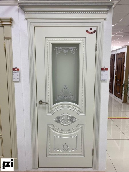 Межкомнатные двери Моцарт эмаль ral 9010 + патина серебро (погонаж обычный) стекло