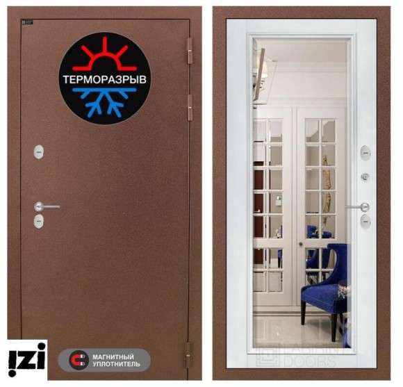Входные двери ЛАБИРИНТ ТЕРМОРАЗРЫВ Входная дверь Термо Магнит с зеркалом Фацет - Белый софт